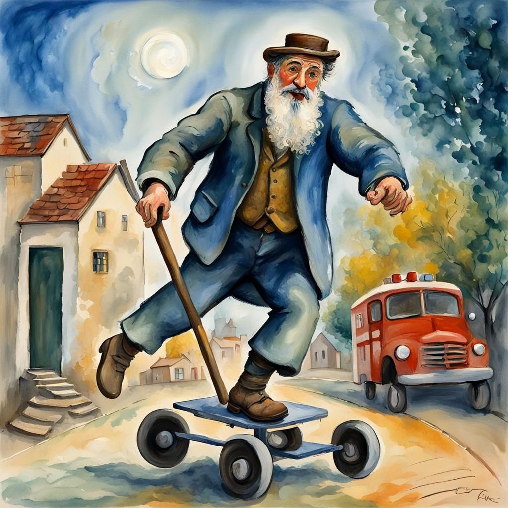 Tevye's Gouache Pogo Adventure, Chagall Style