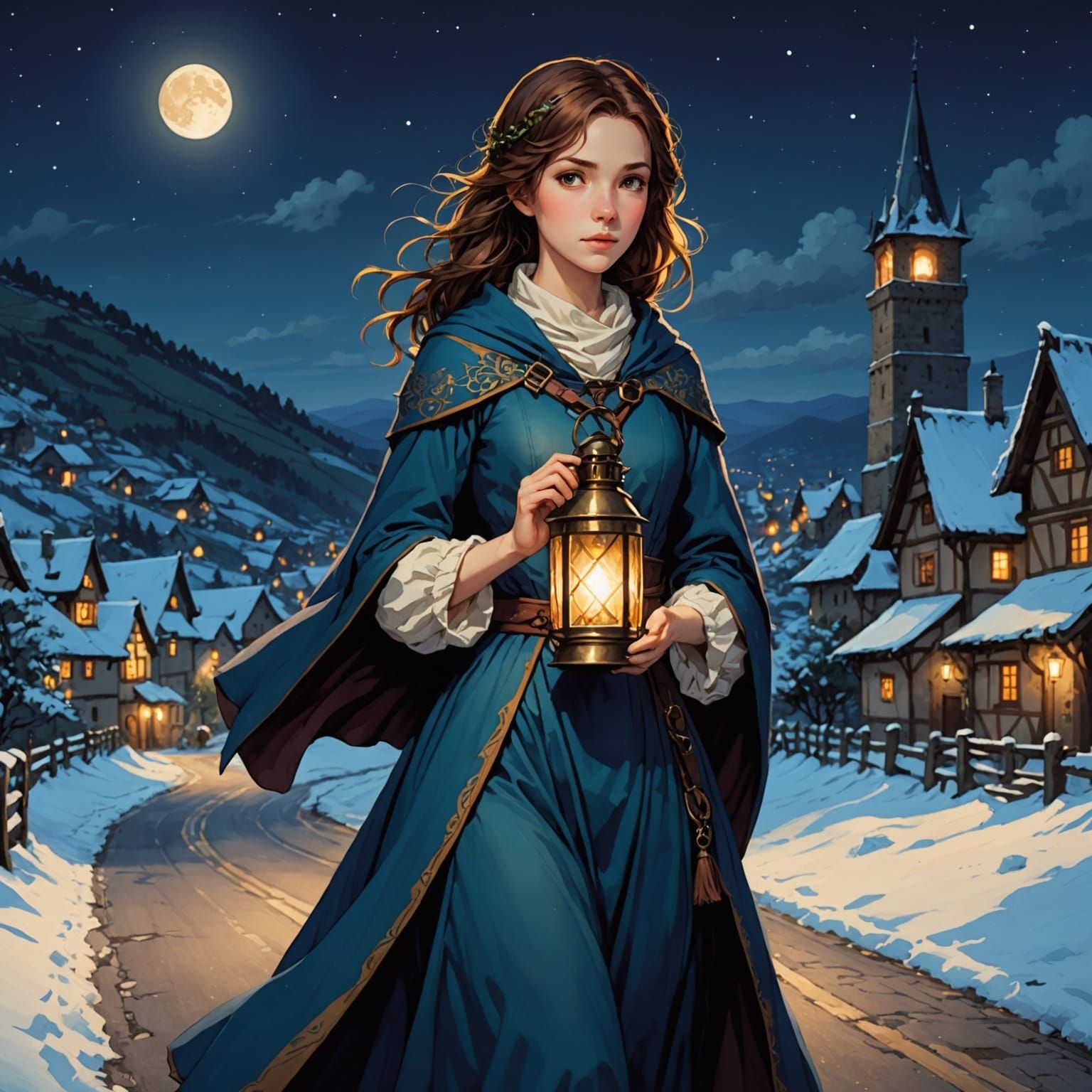 A Young Woman Walks Through Snowy Winter in Anime Style