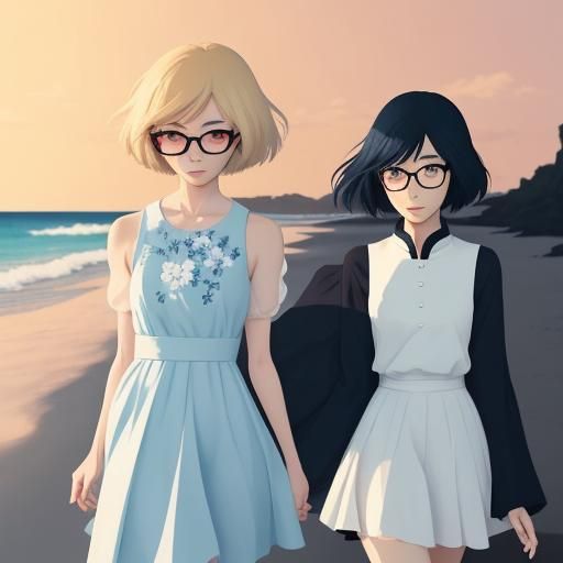 Anime Couple on Beach in Studio Trigger Style