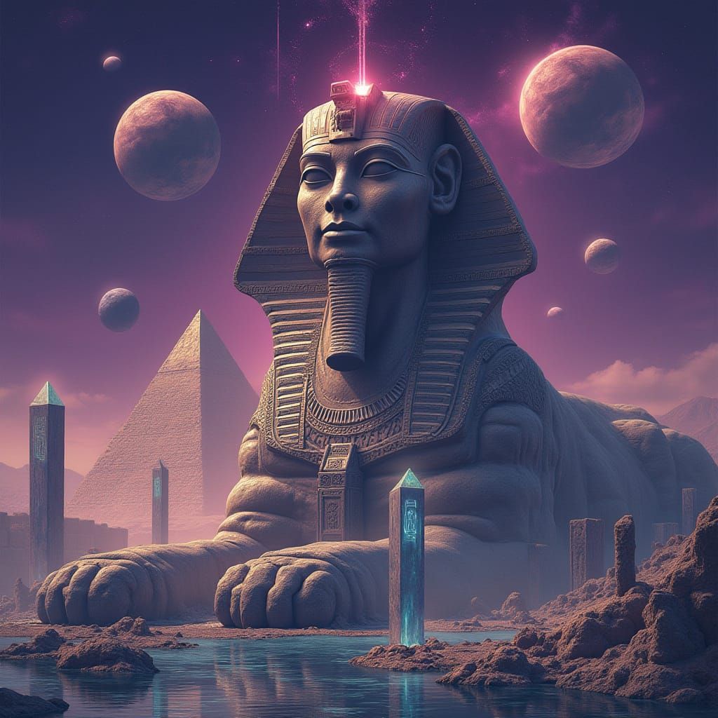 Atlantis Sphinx with Pyramids and Waterfalls