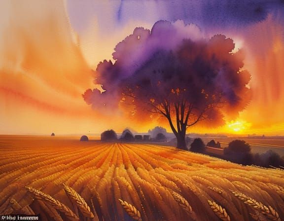 Sunset Wheat Field in Fiery Skies