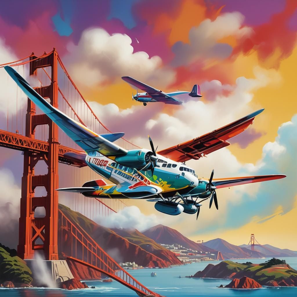Retro-Futuristic Airliner Over Golden Gate Bridge