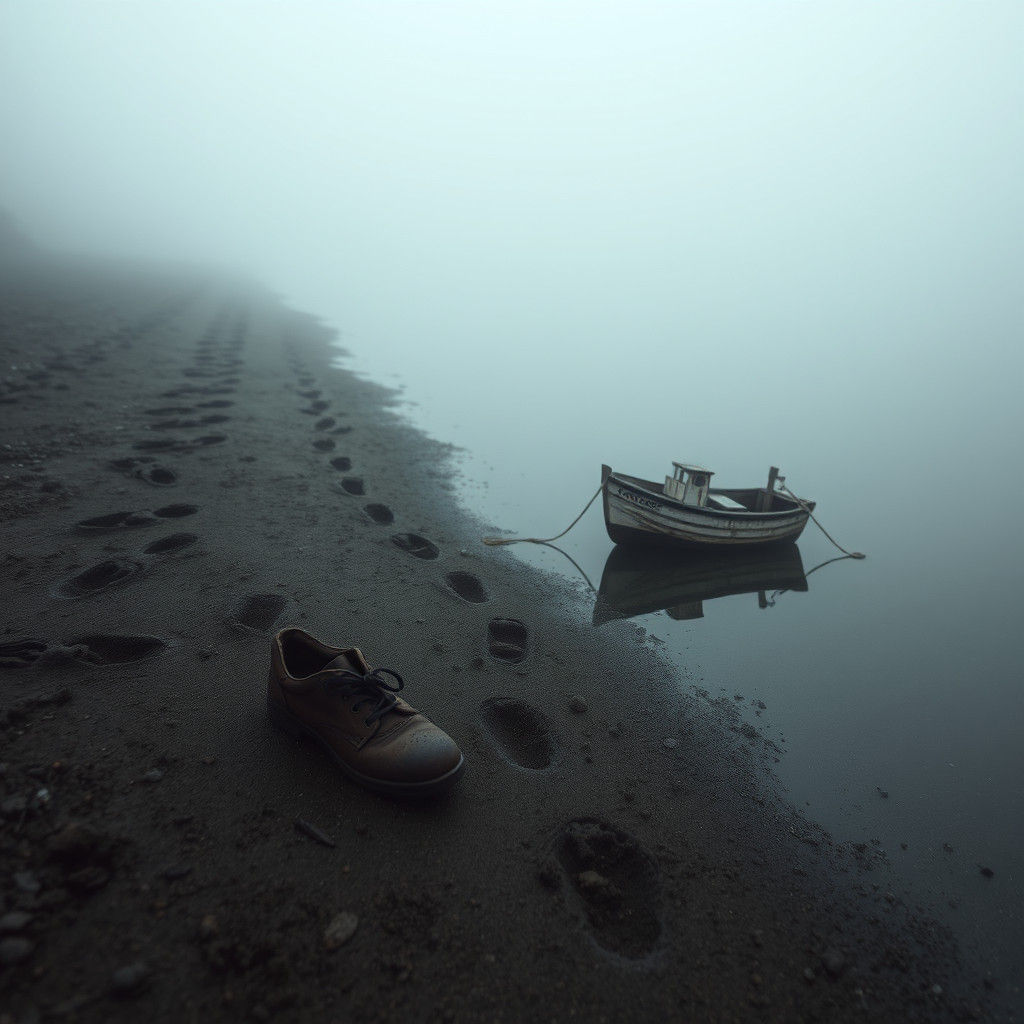 Eerie Riverbank Scene with Abandoned Toys