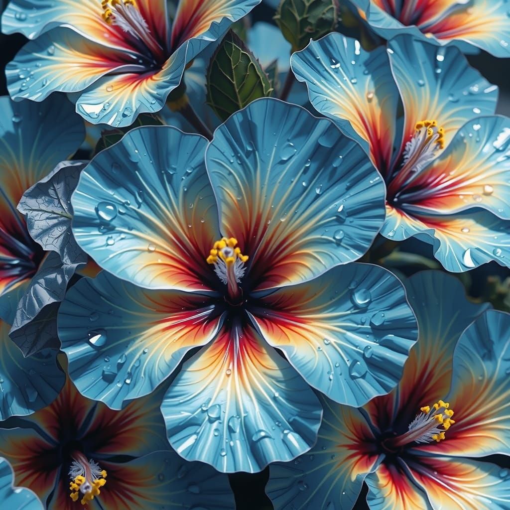 Crystal Hibiscus in Sparkling Blue: A Macro Oil Painting