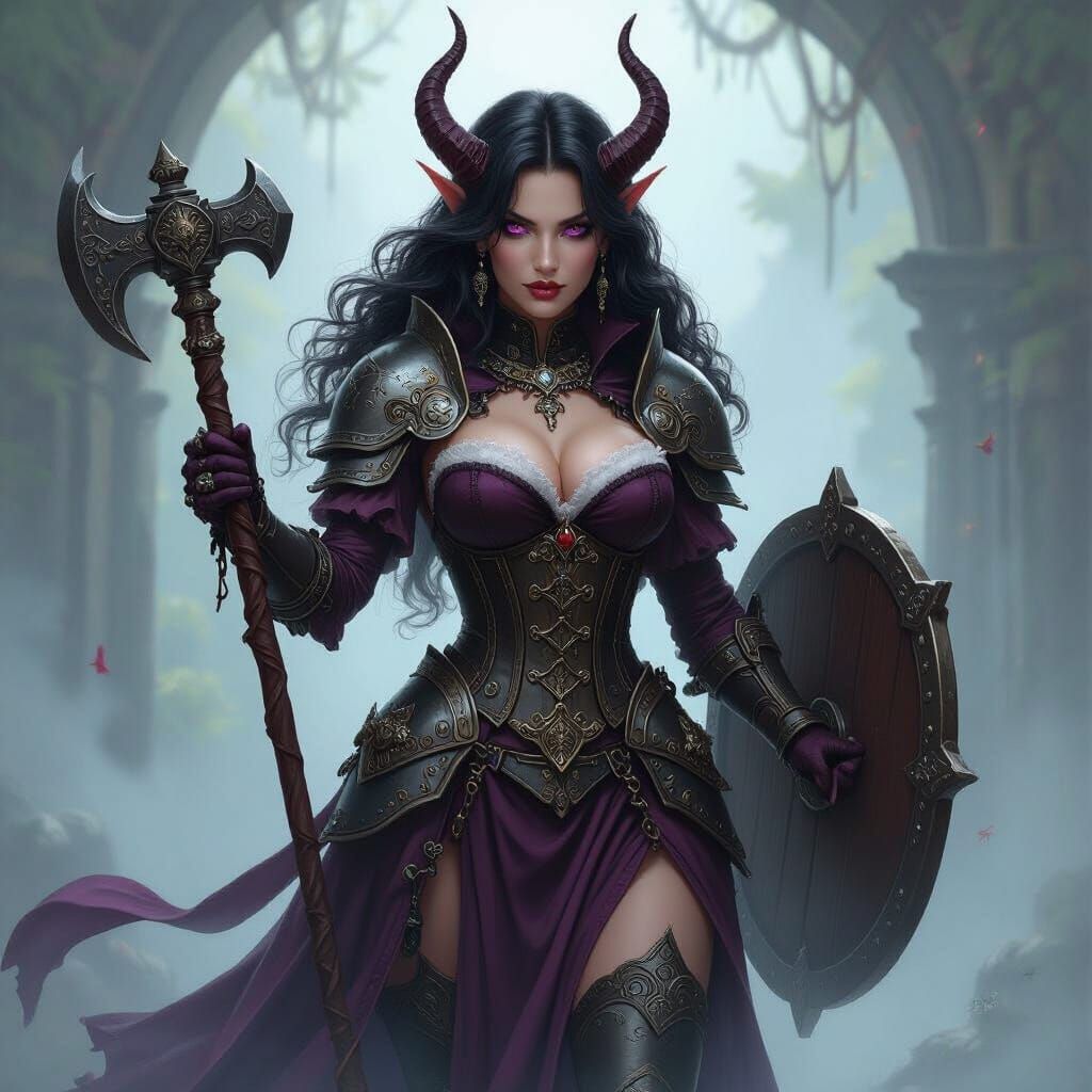 Curvy Tiefling Cleric in Ethereal Fantasy Mist