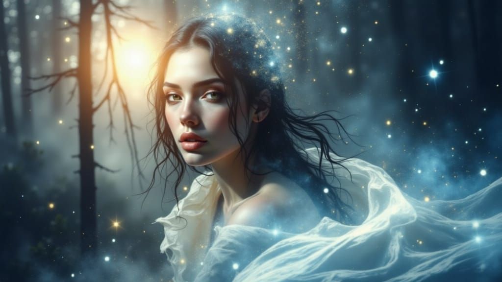 Dreamy Forest Scene with Floating Veils and Light Particles