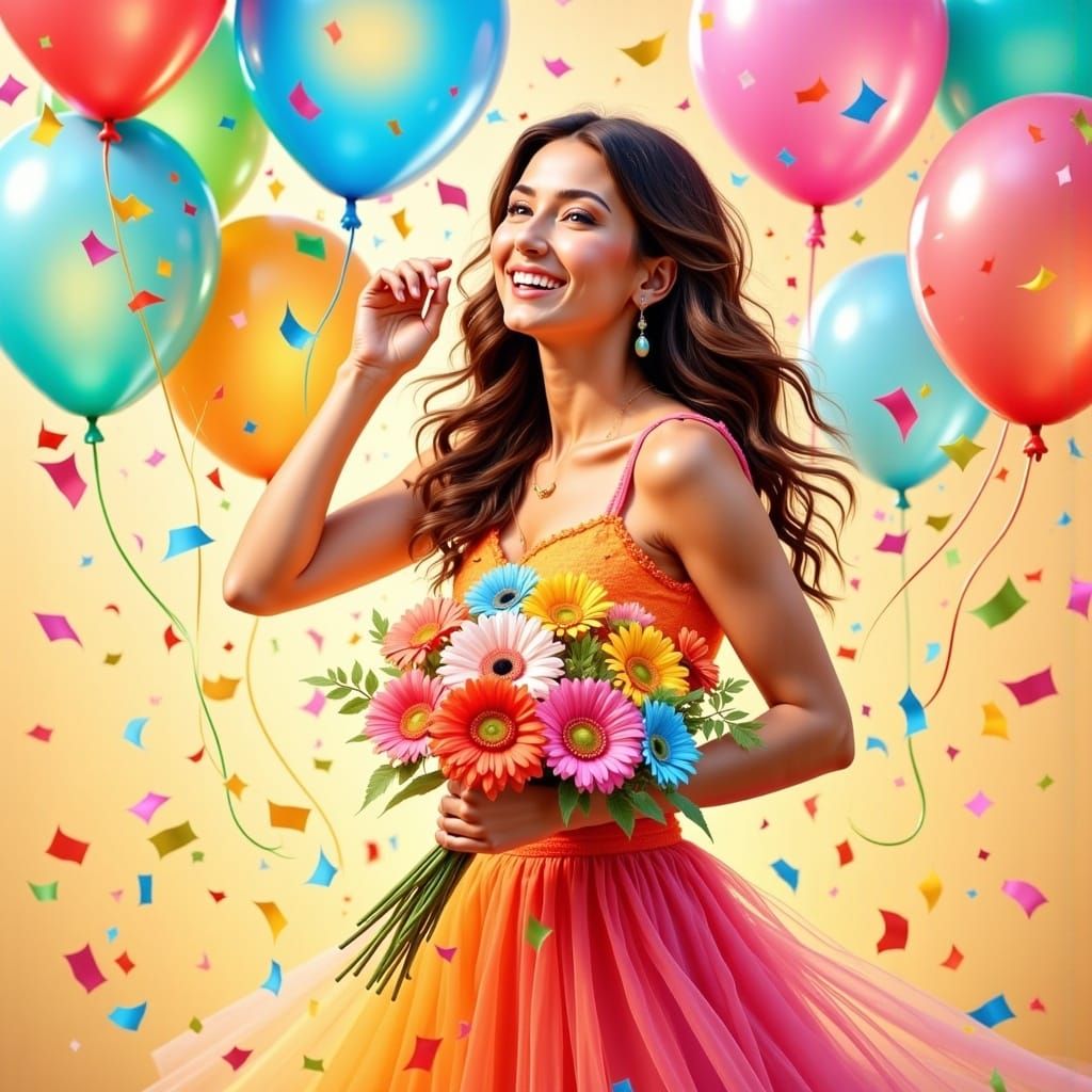 Joyful Celebration with Balloons and Flowers