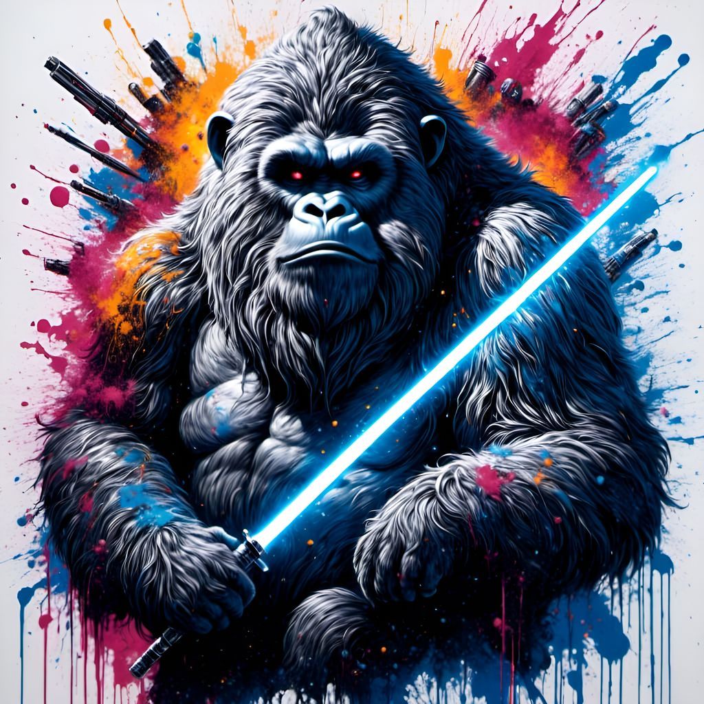 Imposing Yeti Warrior with Lightsaber in Splatter Graffiti S...