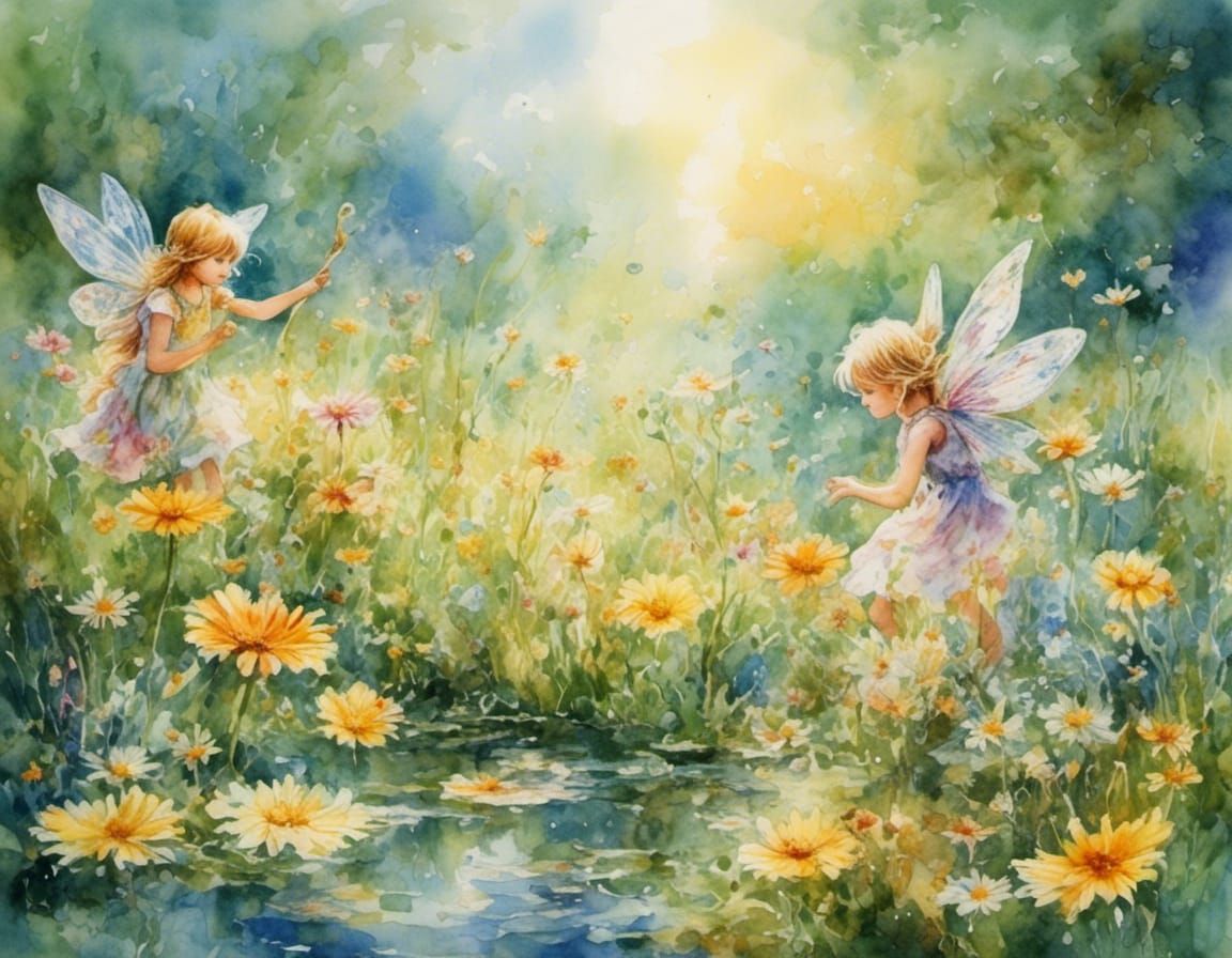 Fairies Playing in Sunlit Meadow, Monet Style Watercolor