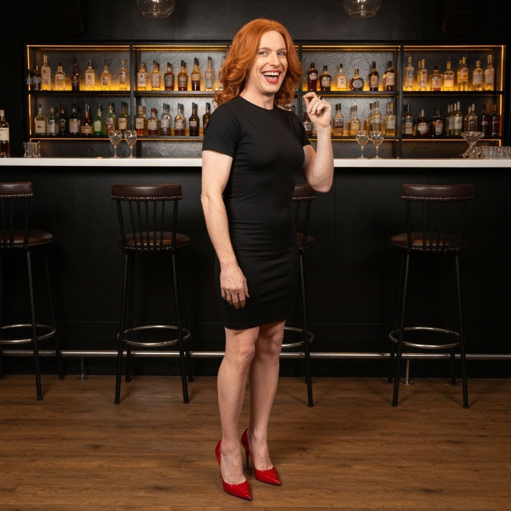 Man in Red Hair and Bodycon Dress with Stilettos