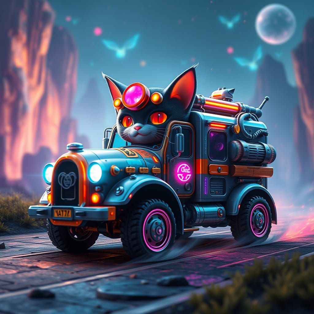 Whimsical Cat Truck Fusion in Vibrant, Dreamlike Landscape