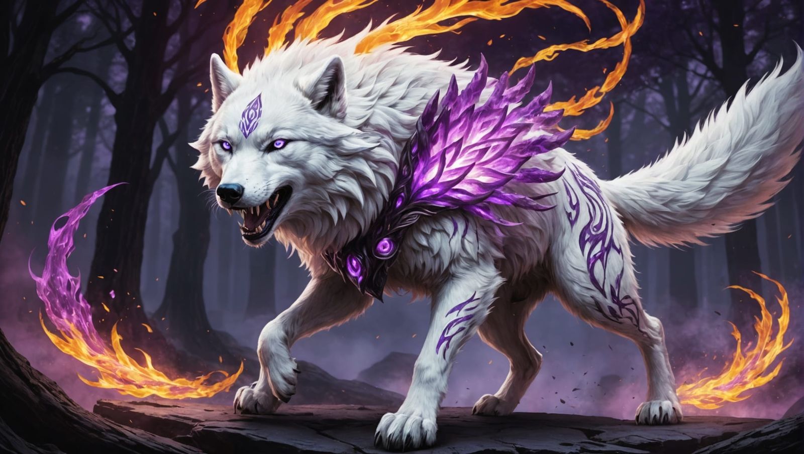 Nine-Tailed White Wolf with Purple Aura