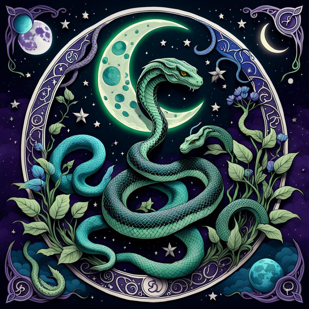 The Moon Tarot Card with Star Serpent