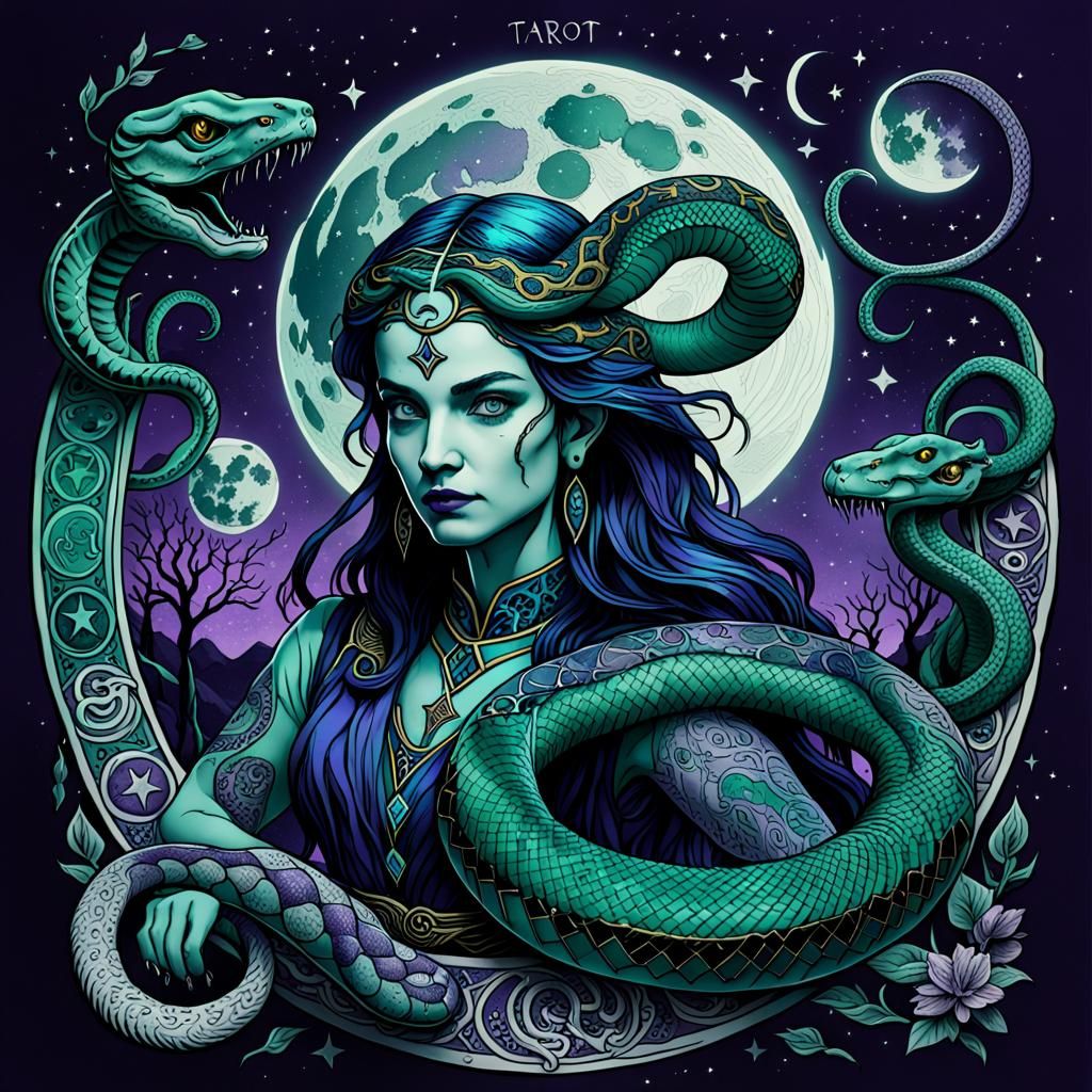 The Moon Tarot Card with Star Serpent in Line Art
