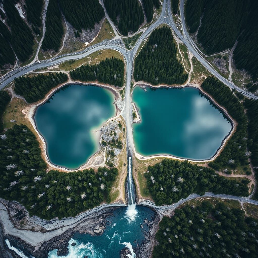Symmetrical Mountain Lakes Bird's Eye View