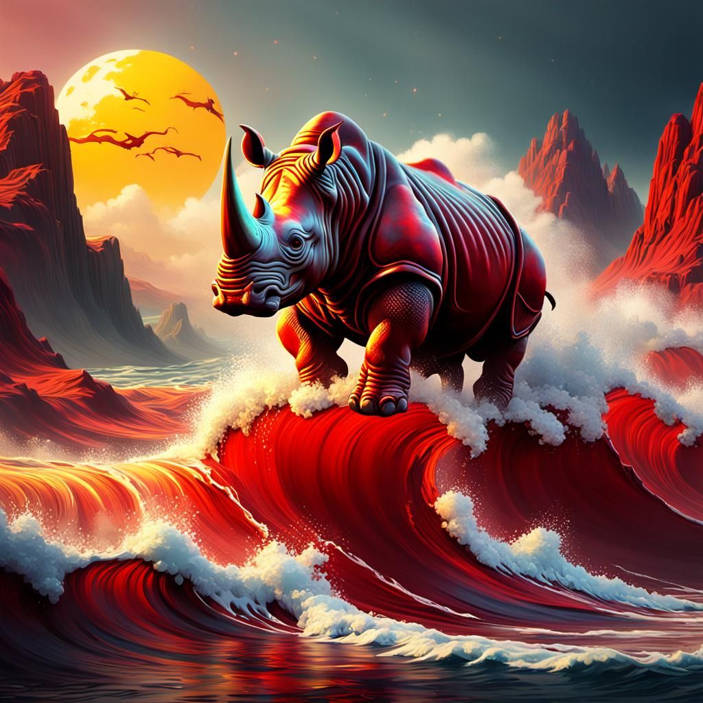 Retro Rhino Emerges from Red and Yellow Wave