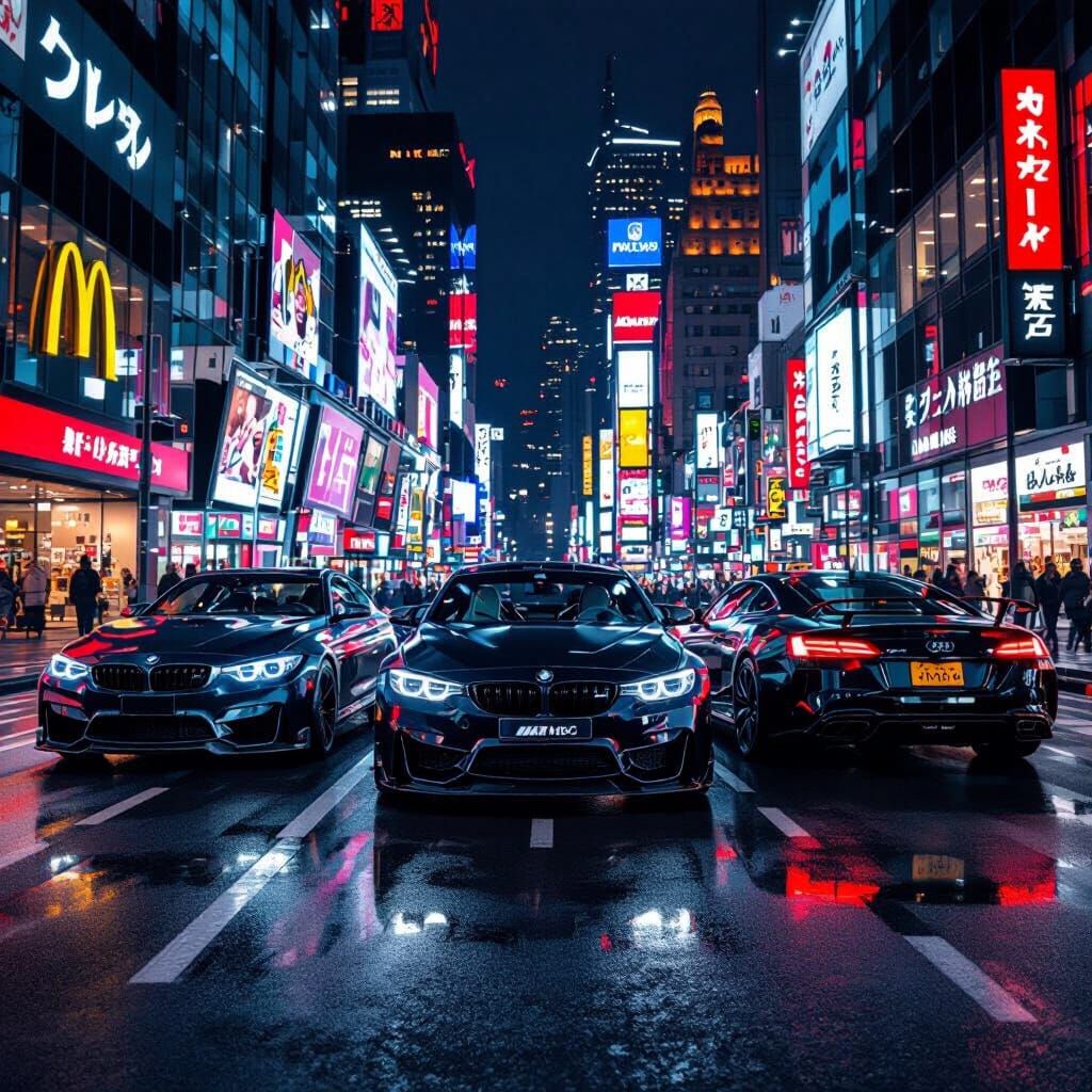 Black Sports Cars in Neon Cityscape