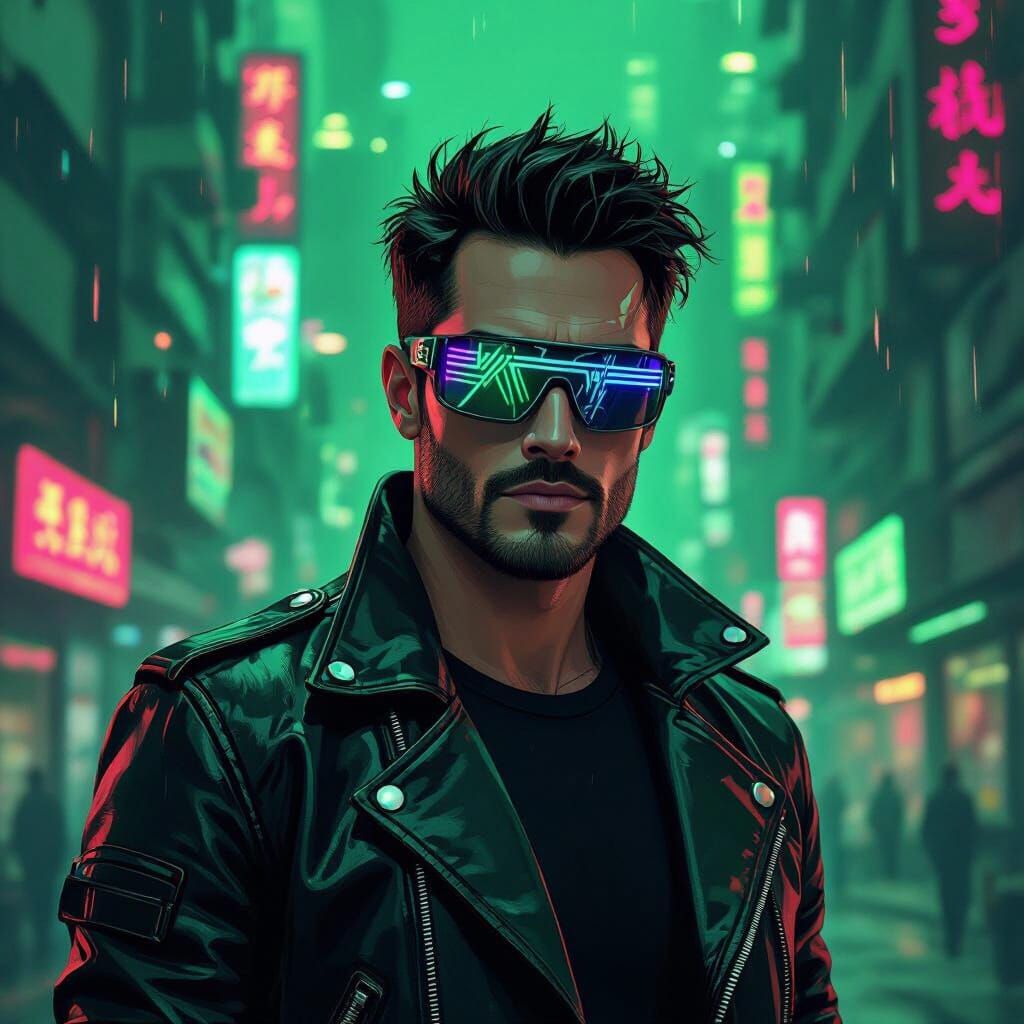 Jameson in a Green Cyberpunk Cityscape, Animated Style