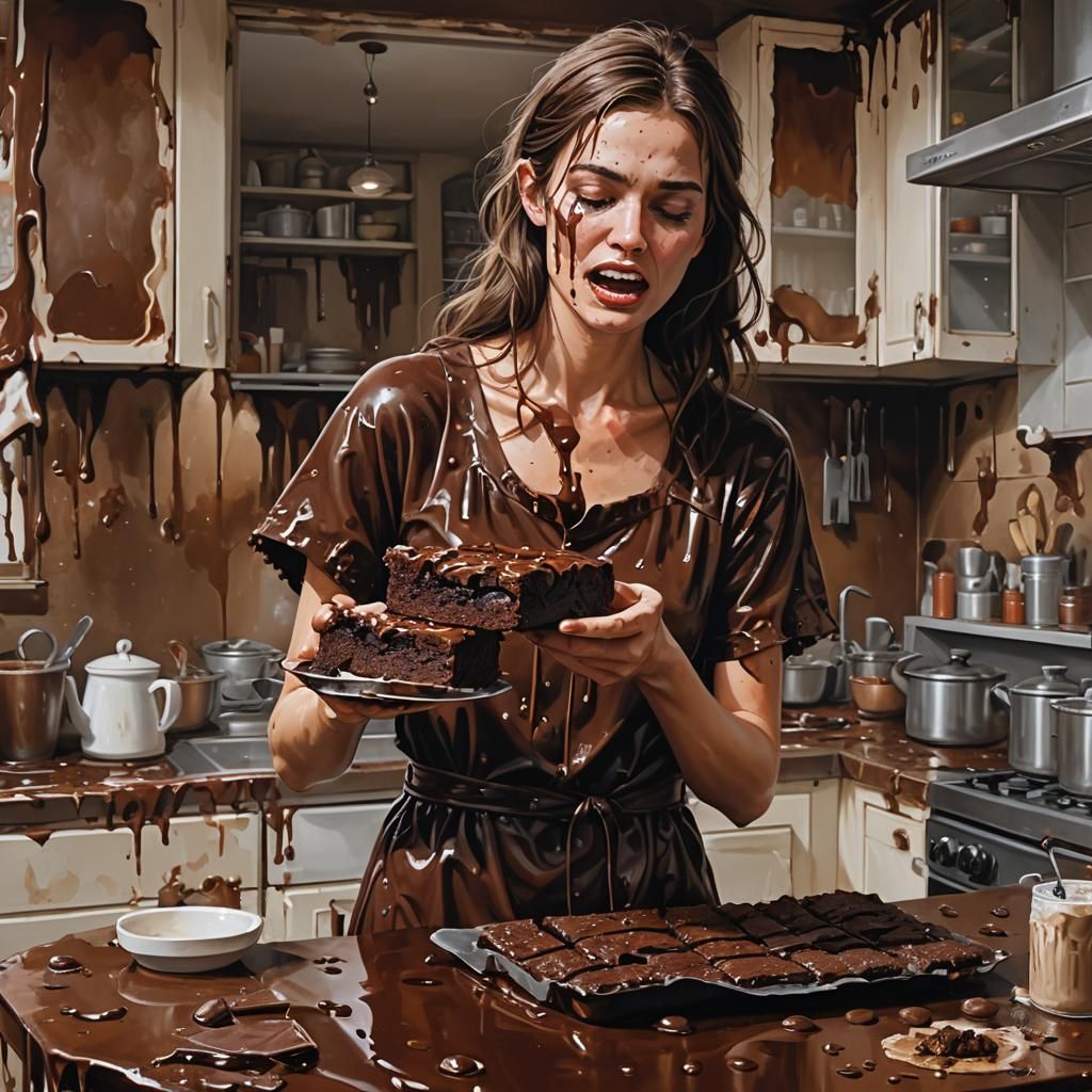 Woman Covered in Chocolate Holding Brownie