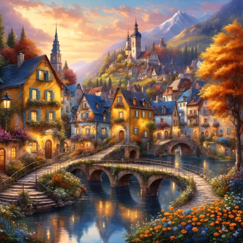 Charming European Town at Night in Van Gogh Style