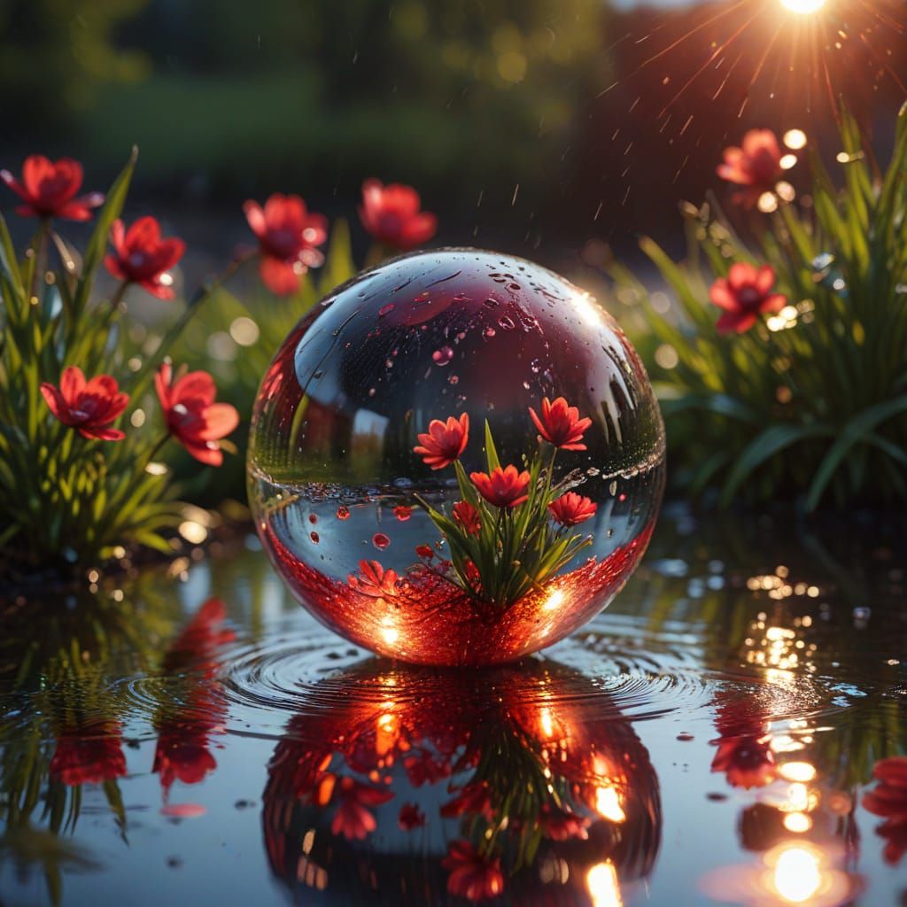 Spring Rain Scene Reflected in Chrome Sphere