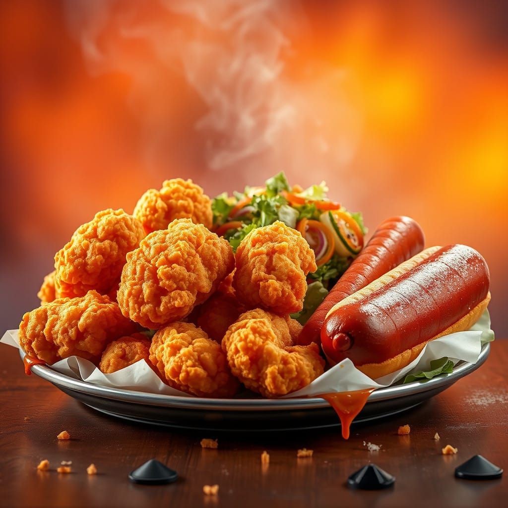 Sizzling Chicken Nuggets and Hotdogs on a Plate with Fresh S...