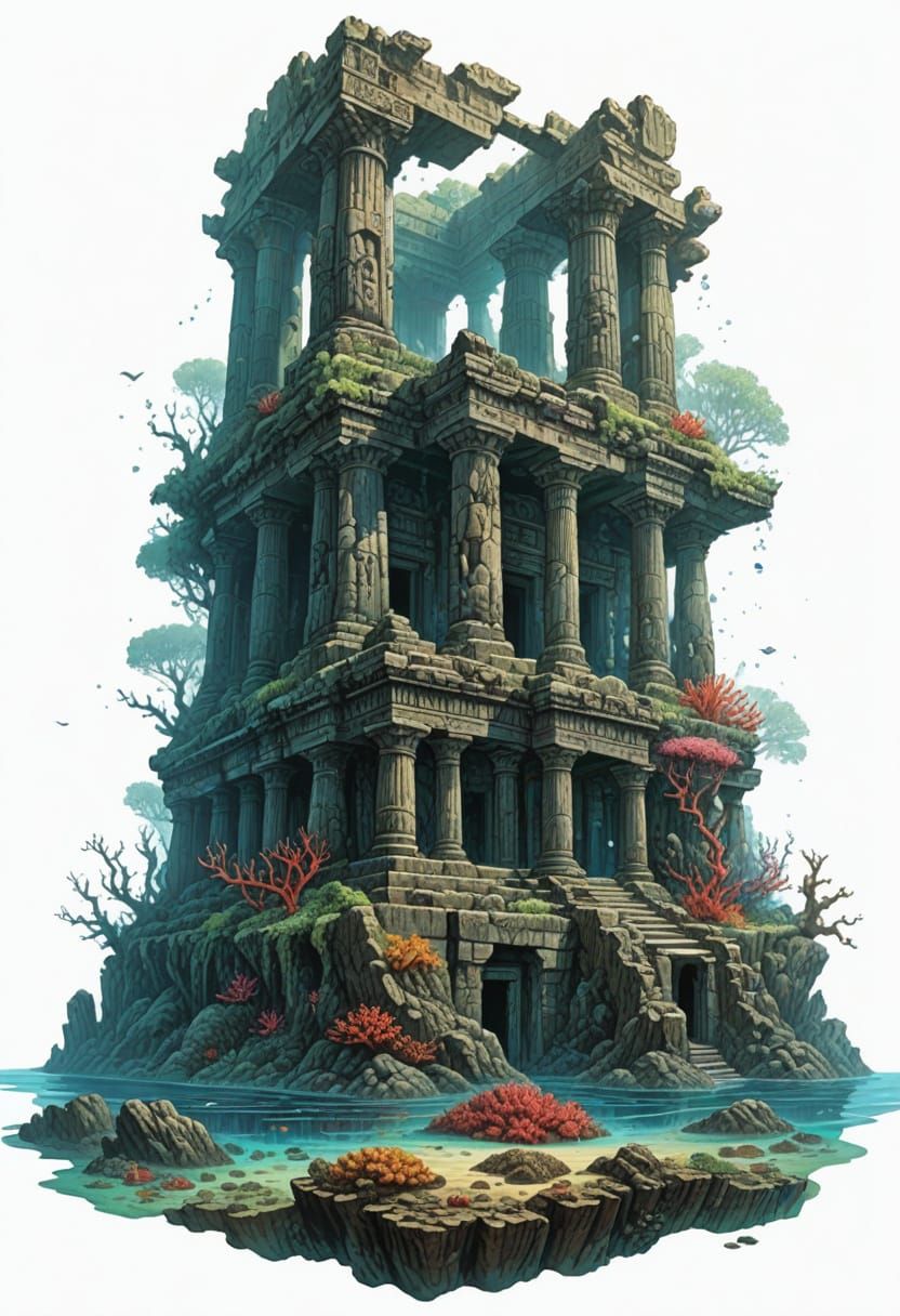 Sunken Temple Near Coral Reef in Vivid Colors