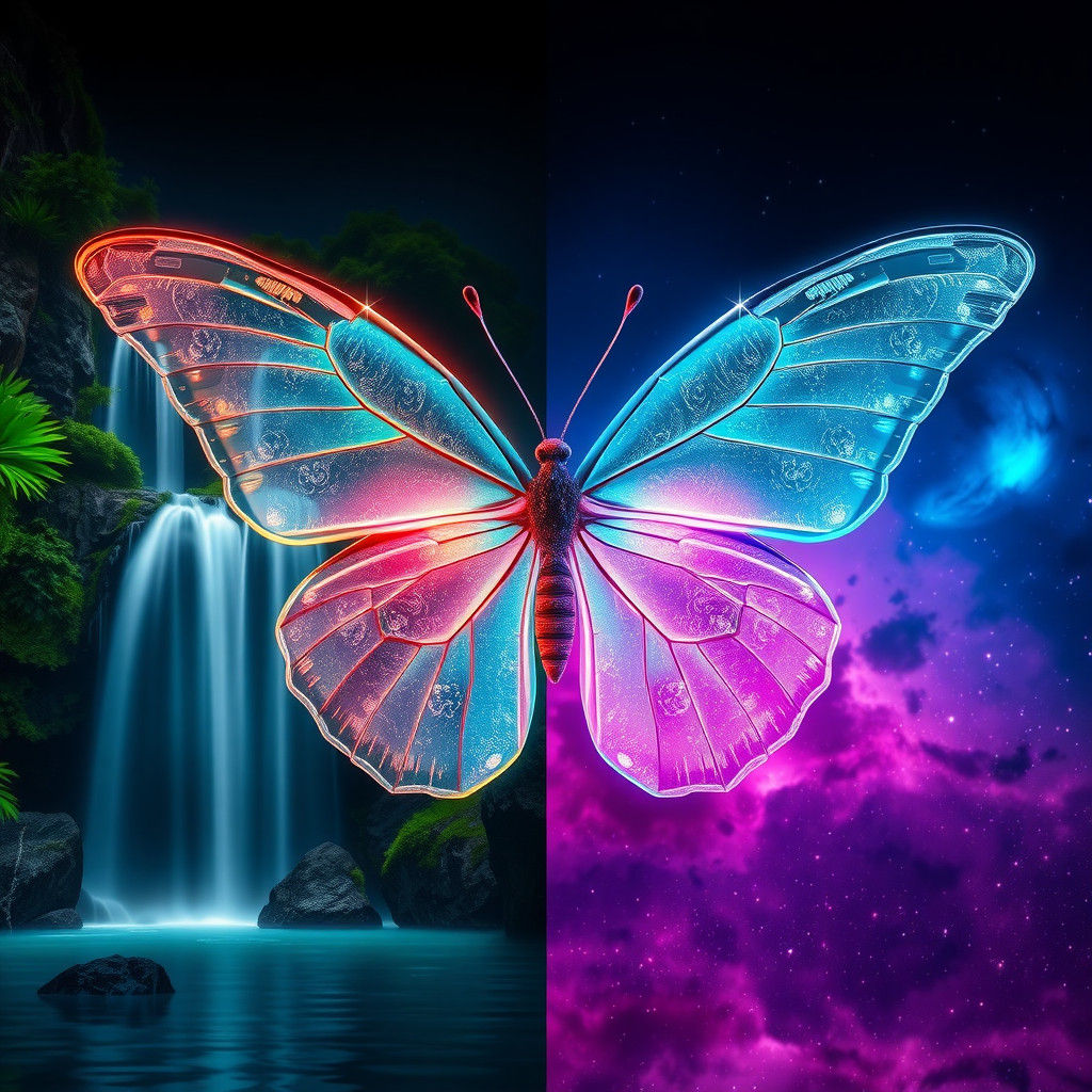 Ethereal Butterfly with Waterfall and Galaxy Wings