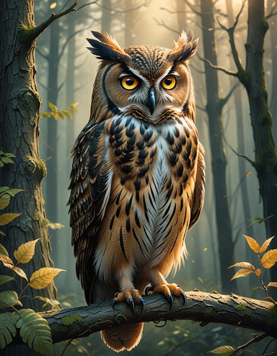 Dreamy Owl Portrait in Misty Forest Watercolor Style