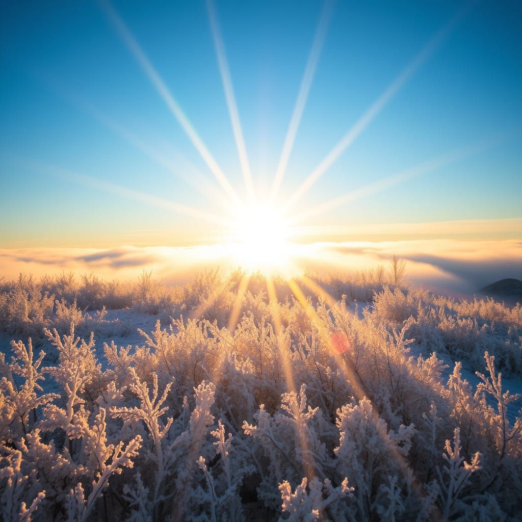 hoarfrost heavenly sunshine beams divine bright soft focus holy in the clouds