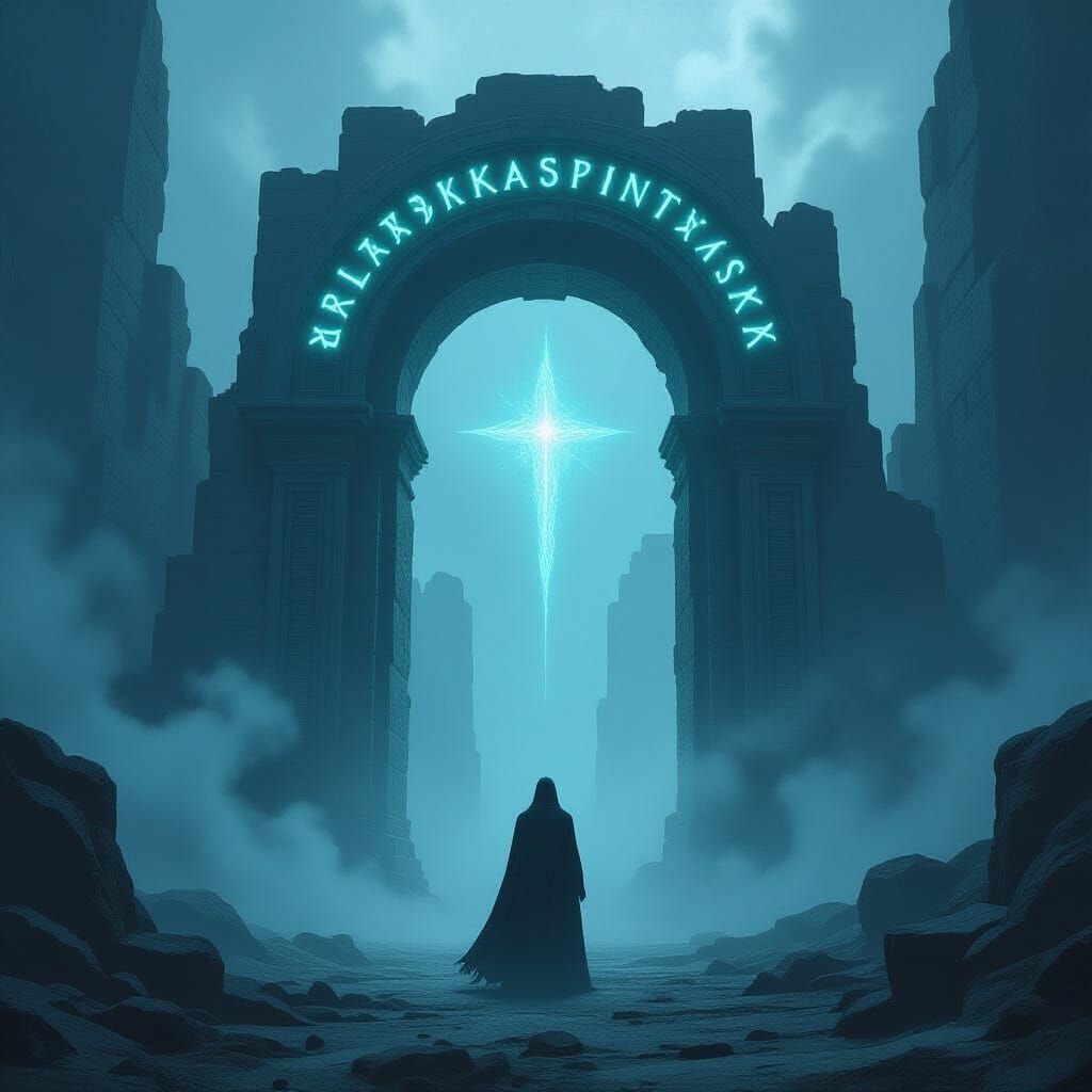 Skeletal Figure Before Ethereal Rune Archway