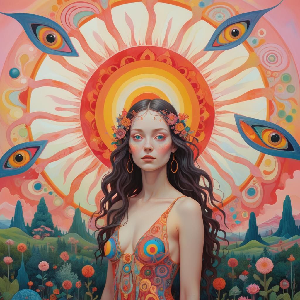 Mystical Bohemian Goddess in Psychedelic Landscape