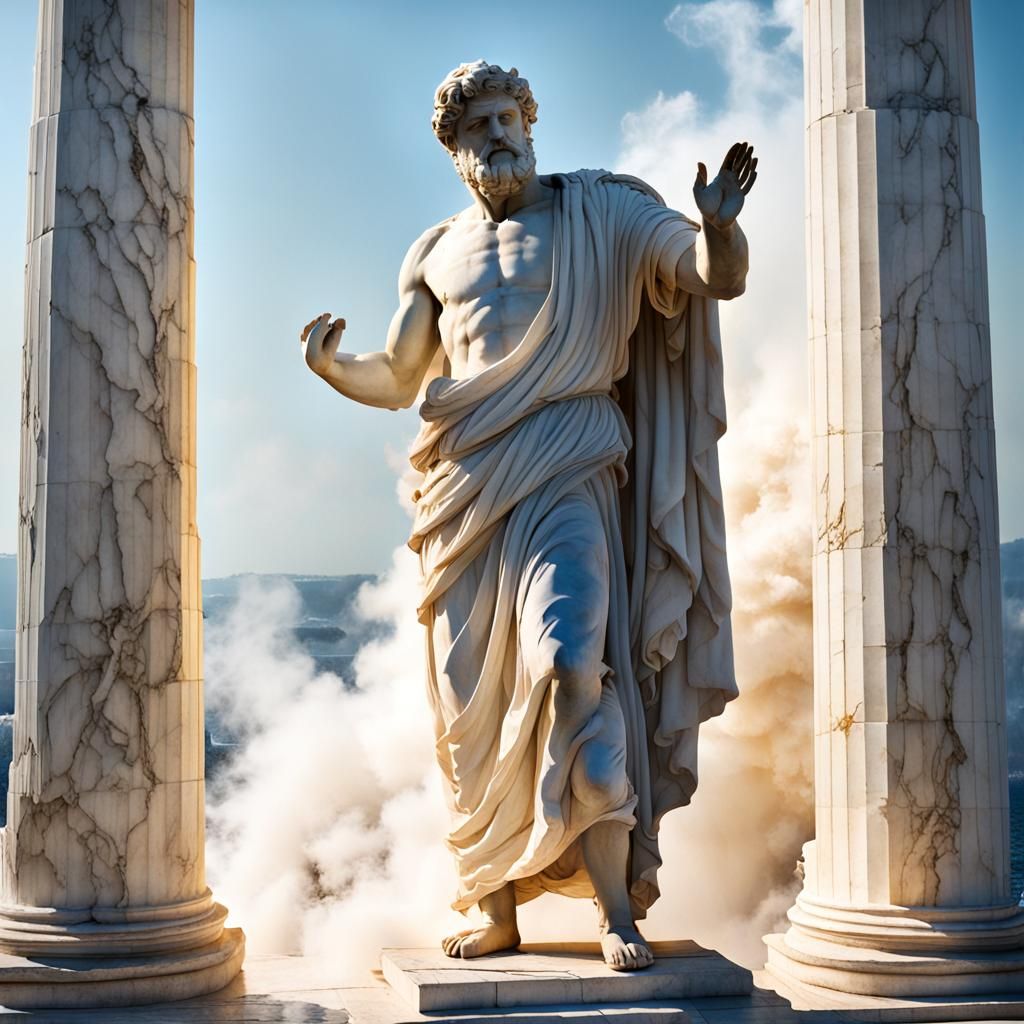 Greek Philosopher in Amber Light With Marble Statues