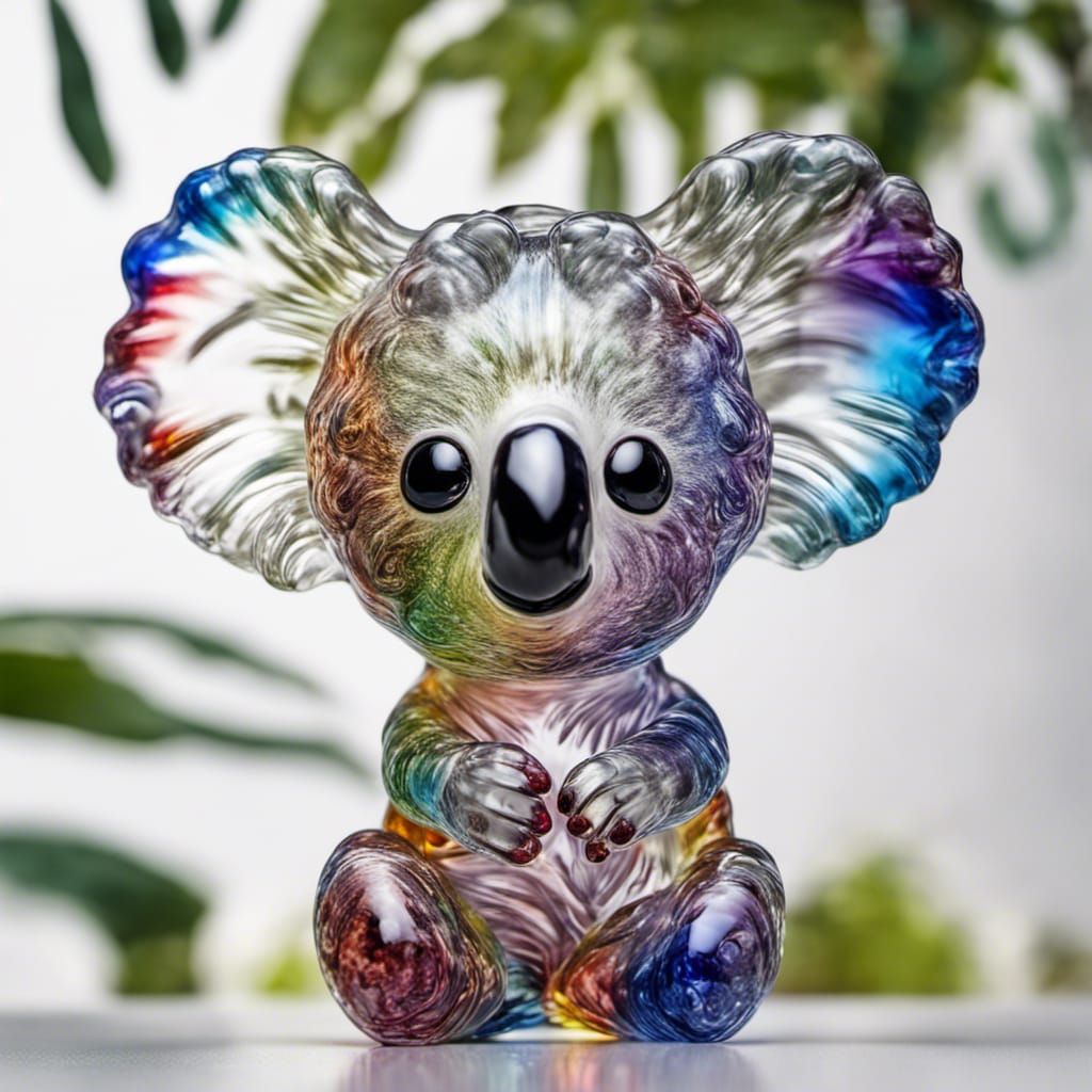 Rainbow Glass Koala in Tree on White Background