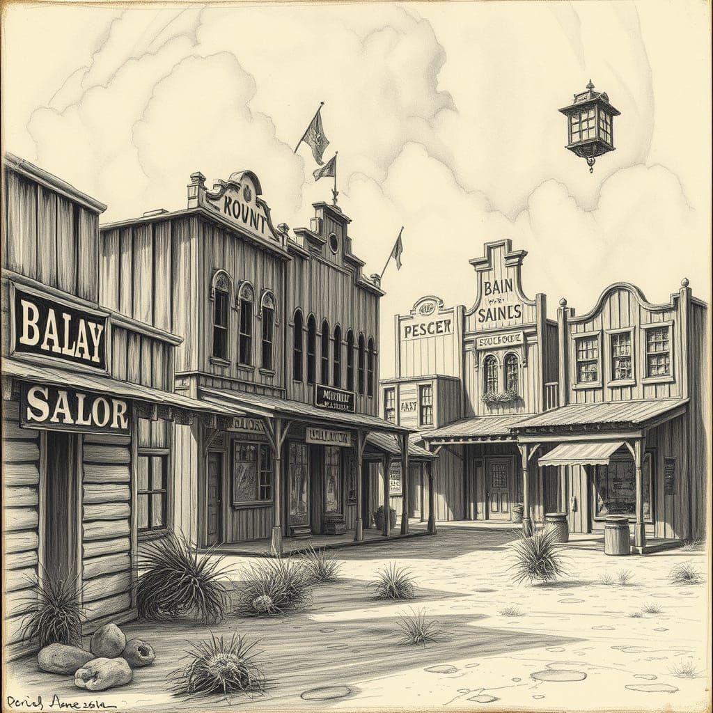 Old Western Town in Hyperdetailed Charcoal Drawing Style