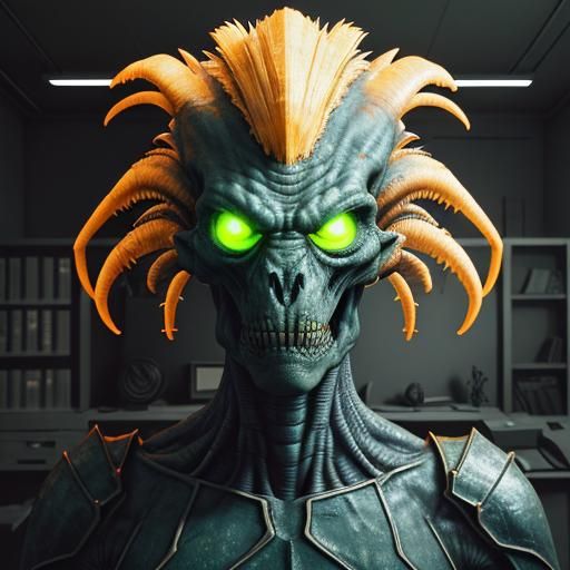 Hyperrealistic Mesogog in Dark Academia Lab