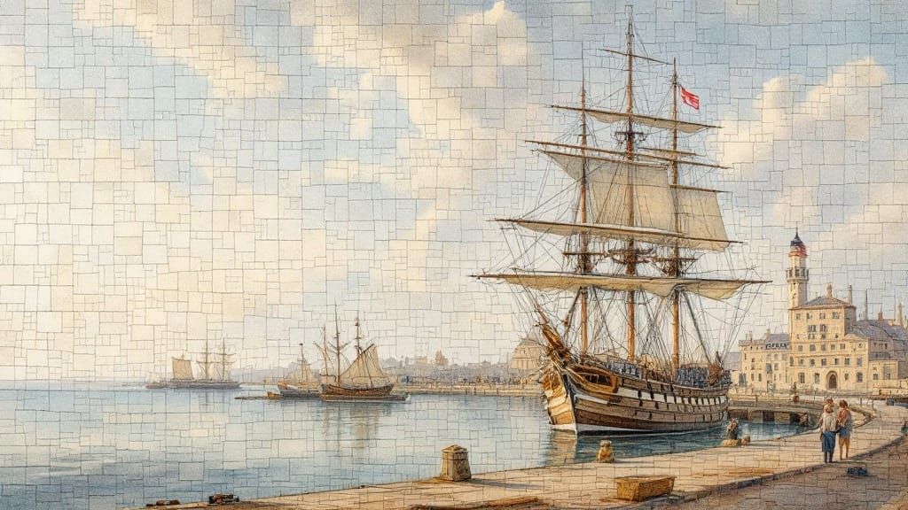 18th Century Sailing Ship in Harbor Mosaic Watercolor