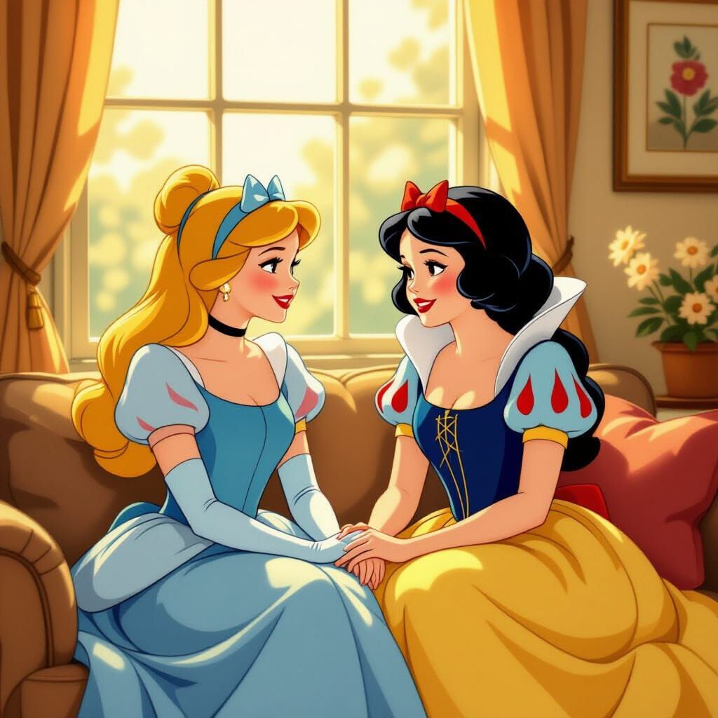Cinderella & Snow White Relaxing in Cozy Living Room