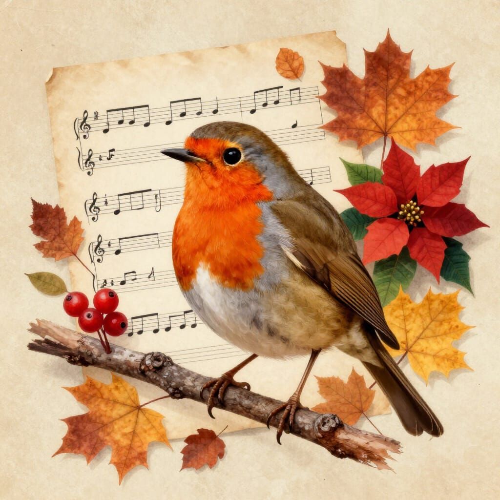 European Robin on Branch with Autumn Music