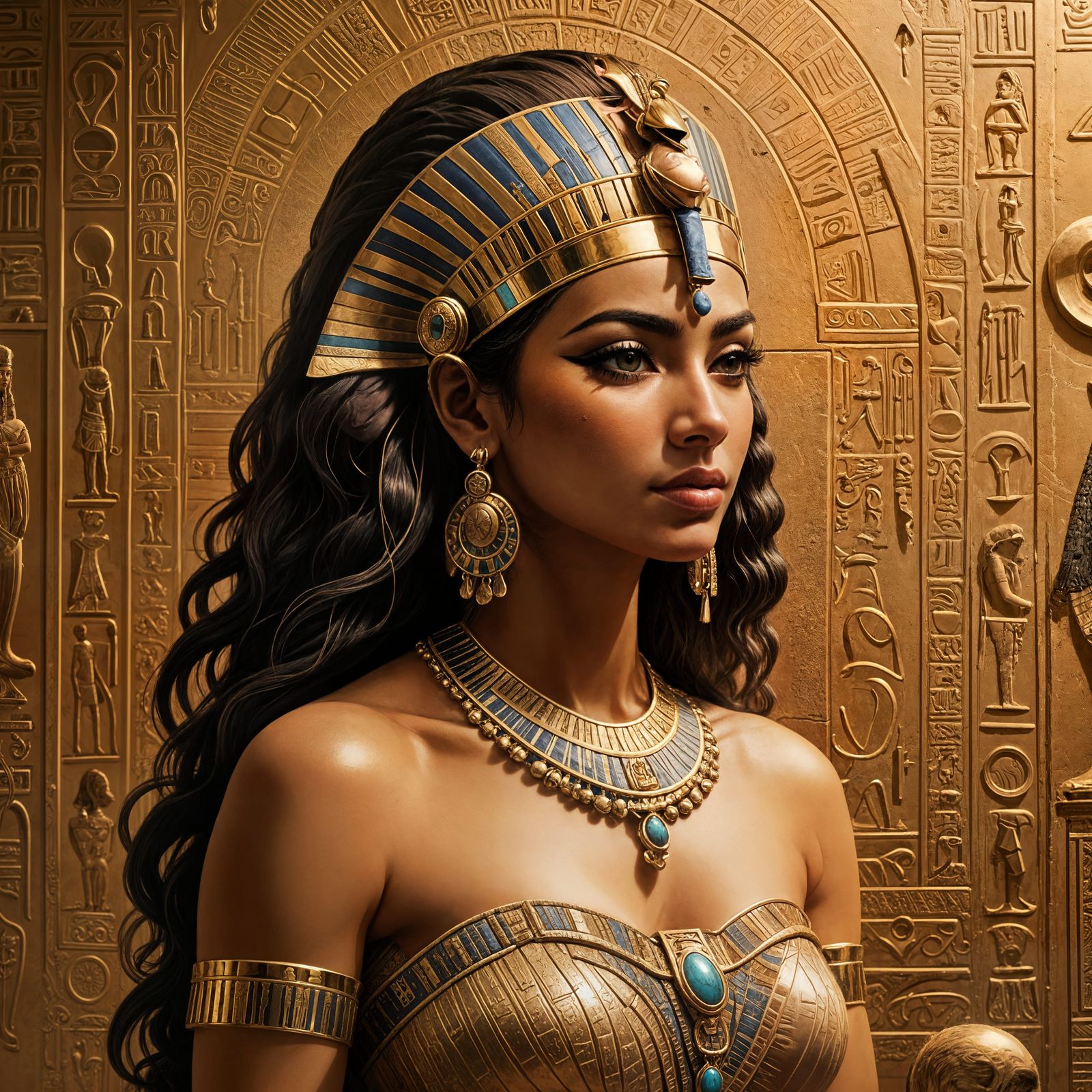 Egyptian Queen Cleopatra in Realistic Bathing Scene with Anc...