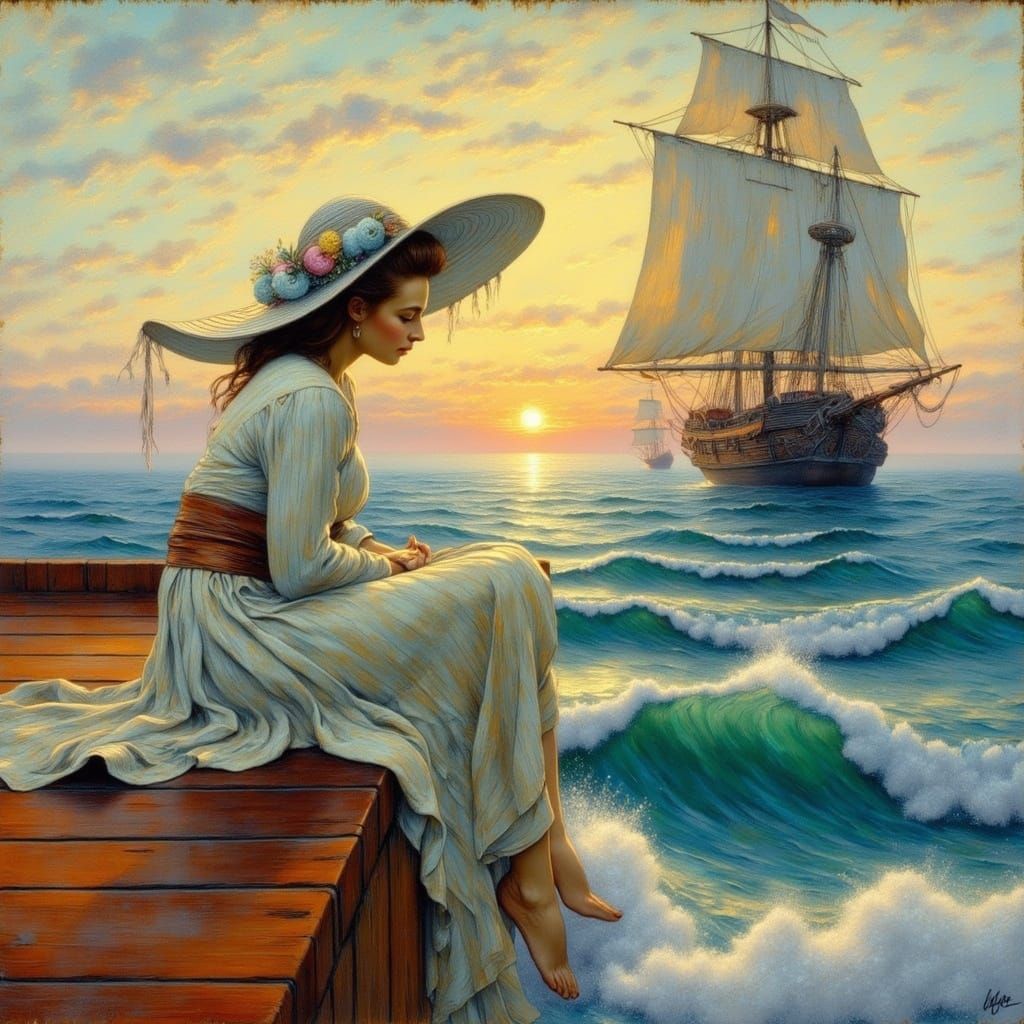 Elegant Woman on a Serene 1930s Beach in Oil Painting Style