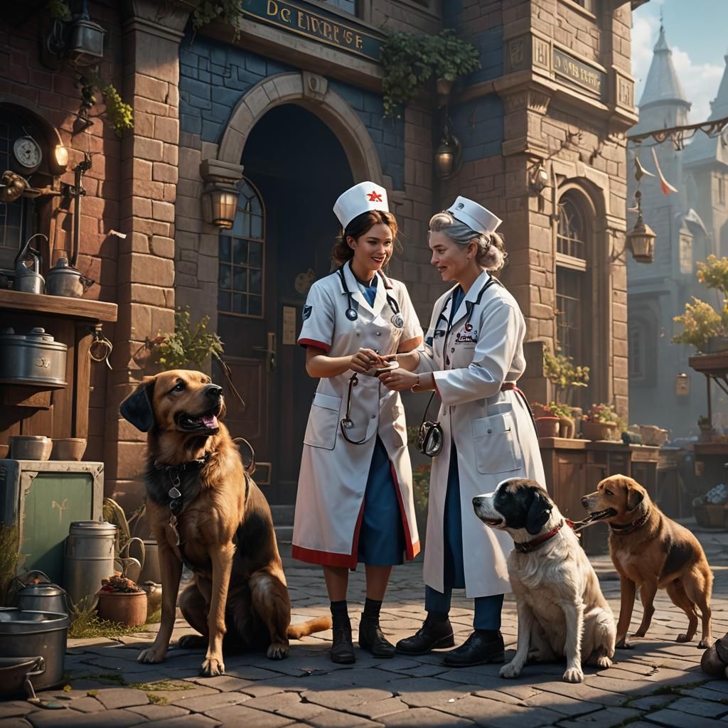 Dog Nurse Treats Patient: Detailed Matte Painting