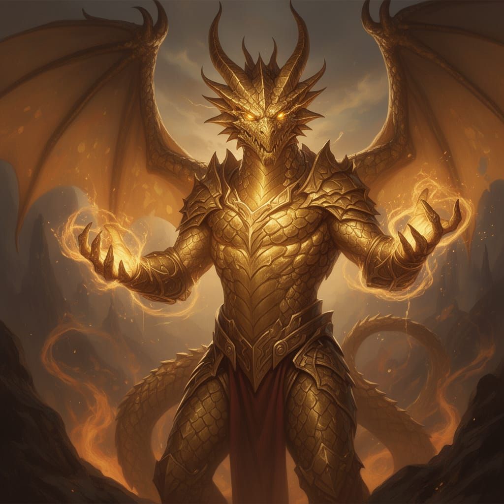 Gold Dragonborn Sorcerer Casting Fiery Spell in Digital Art