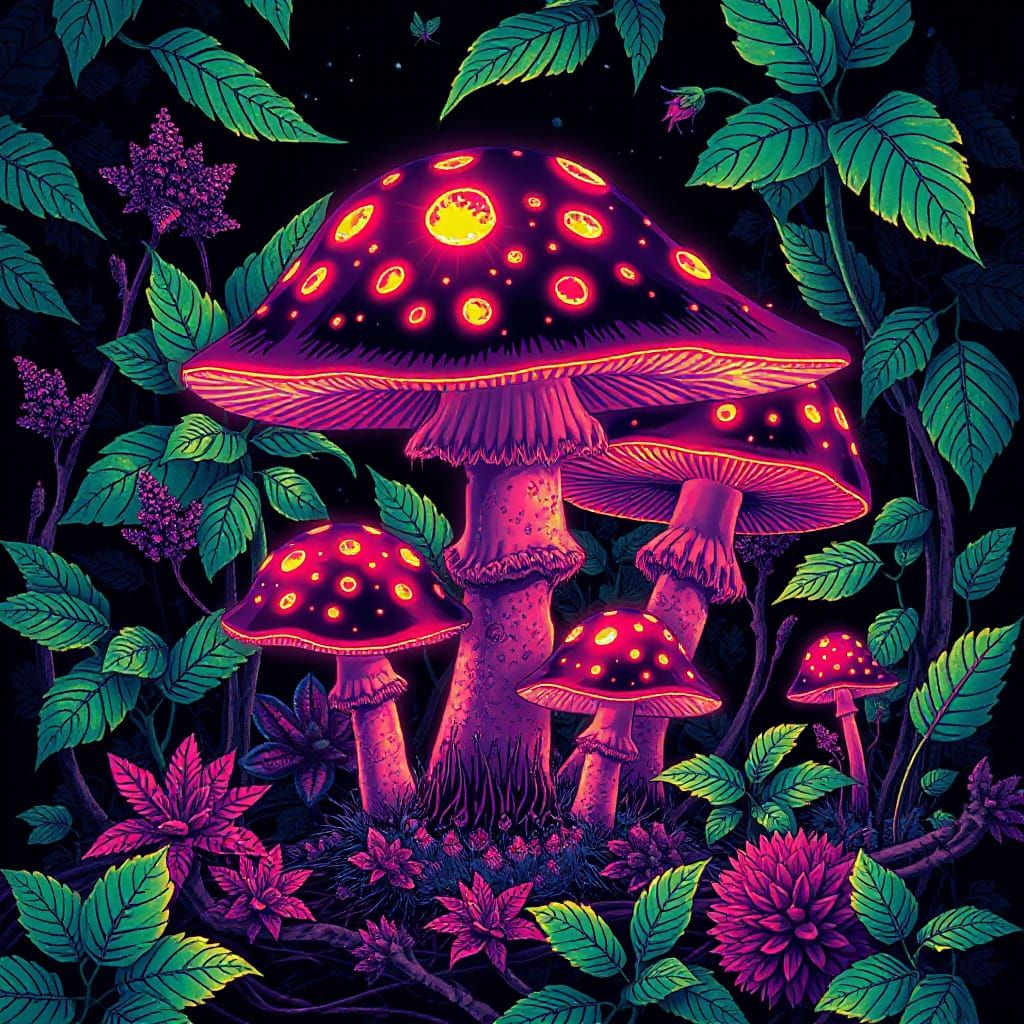 Psychedelic Neon Mushrooms in Stoner Poster Art Style
