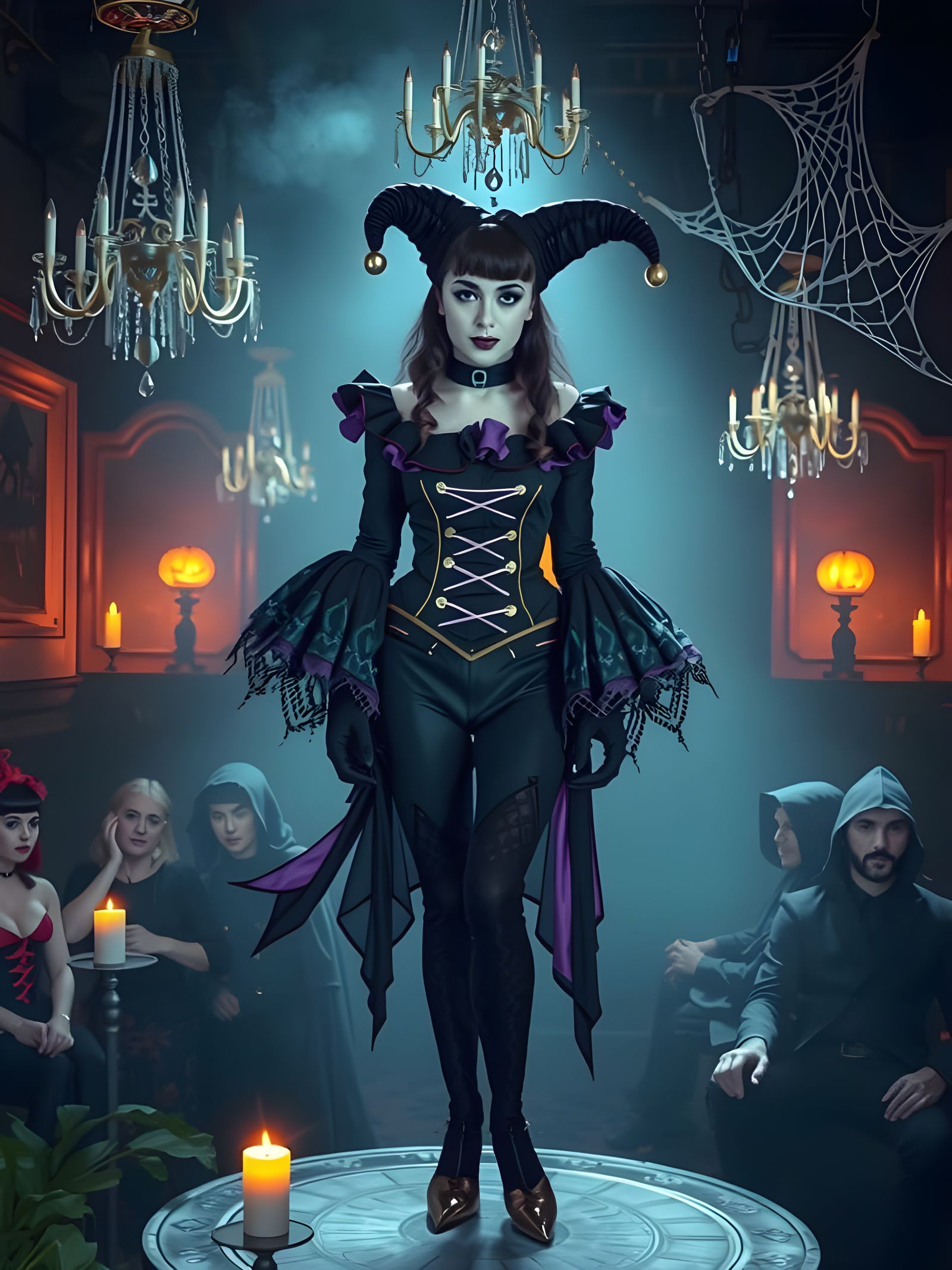 Whimsical Gothic Jester Performs in Enchanted Nightclub