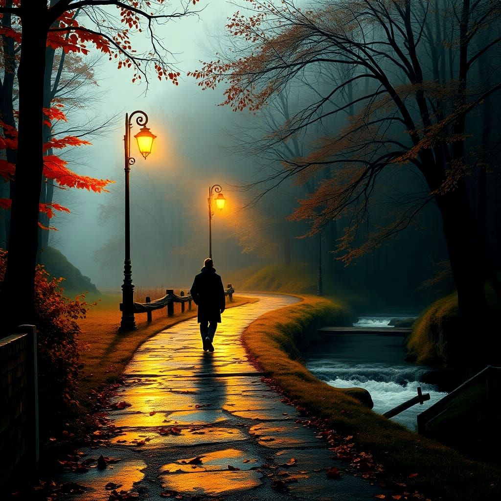 Autumn Creek Path on Rainy Afternoon