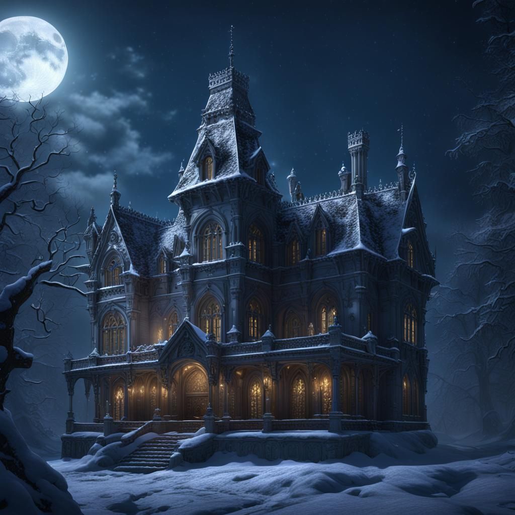 Snowy Gothic Mansion Under Full Moon, Detailed Matte Paintin...