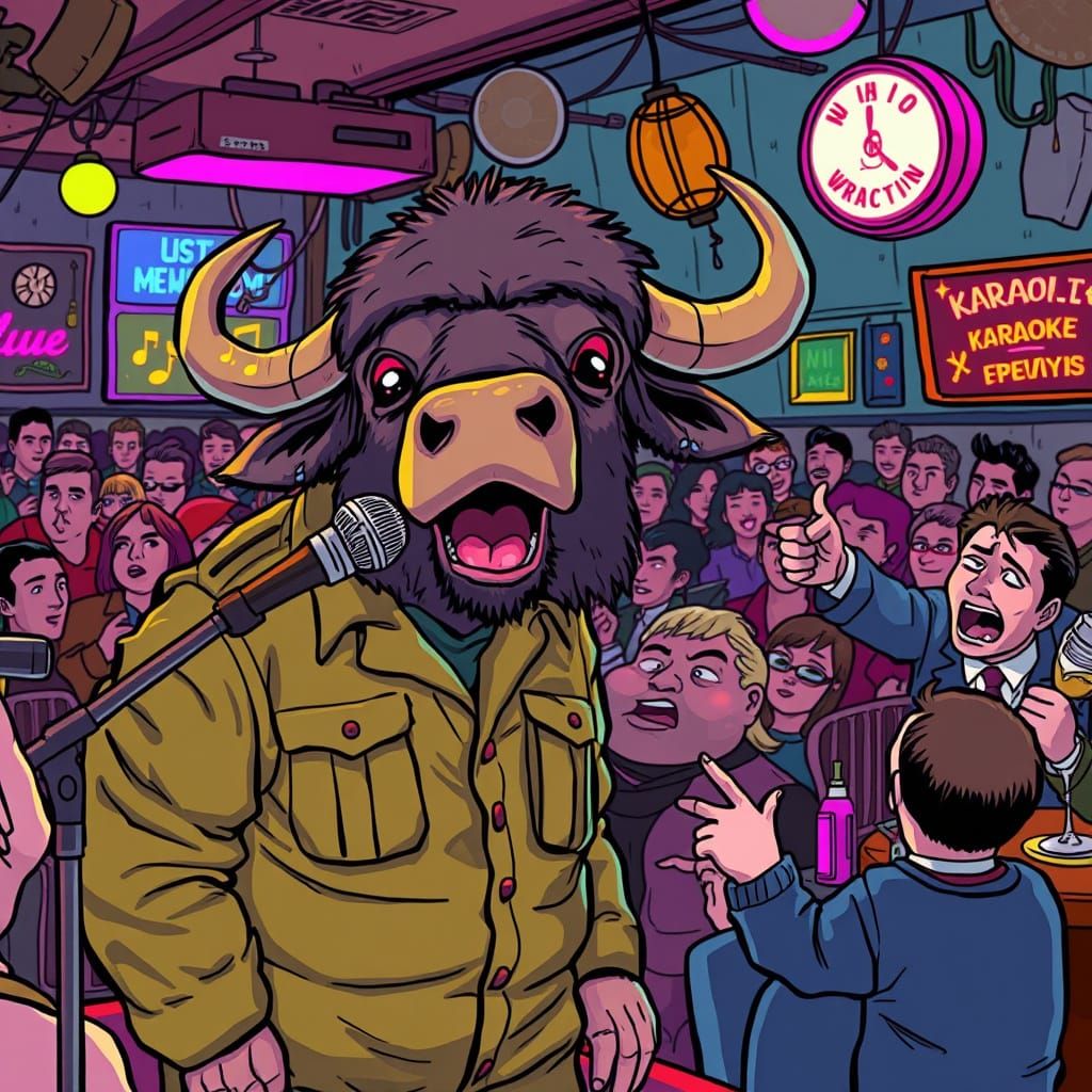 Anthropomorphic Buffalo Karaoke Singer in Cartoon Style