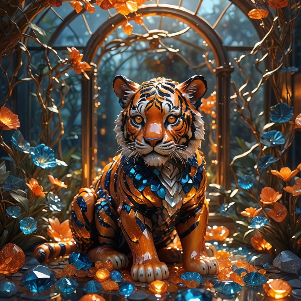 Fiery Glass Tiger Sculpture in Glass House