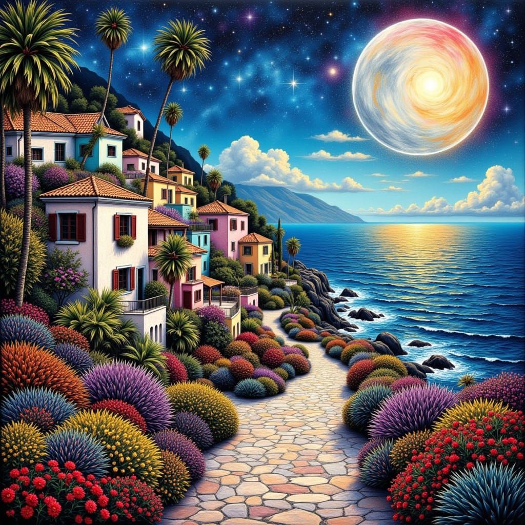 Futuristic Mediterranean Village Under Radiant Full Moon